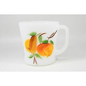 Vintage Fire King D Handle Mug Milk Glass Peach Pear Hand Brush Painted Fruit